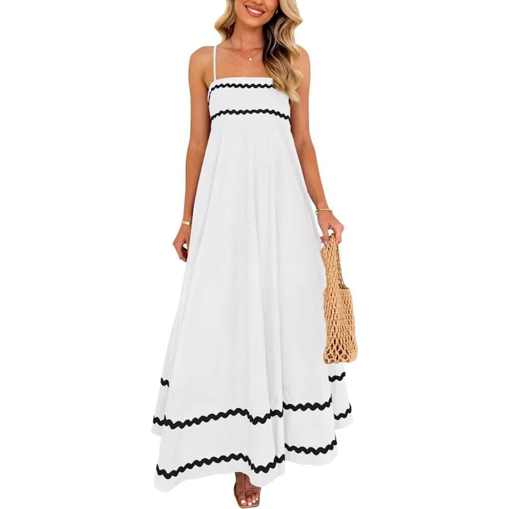 Women's White Casual Sleeveless Spaghetti Strap Ruffle Beach Maxi Dress